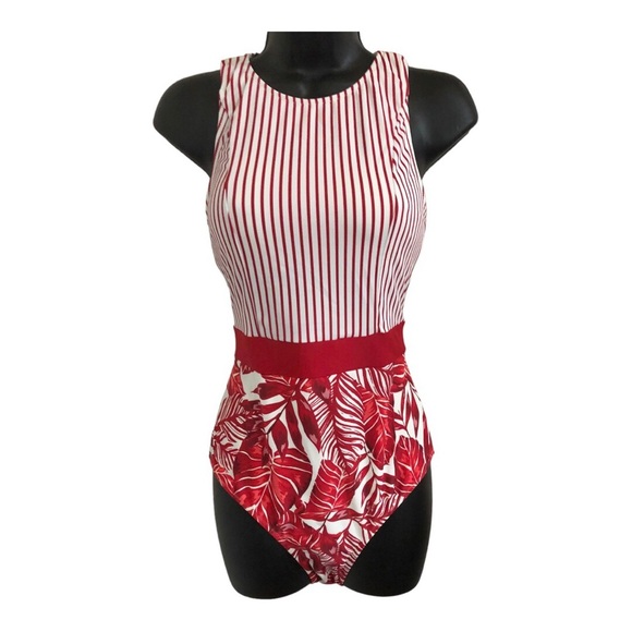 Cupshe red & white striped banded waist red floral open back 1pc swimsuit size M - Picture 12 of 14